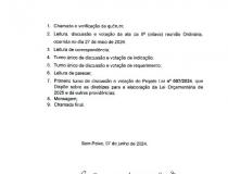 Pauta da ª (nona) reunião Ordinária da 4ª (quarta) Sessão Legislativa da Câmara Municipal de Sem Peixe